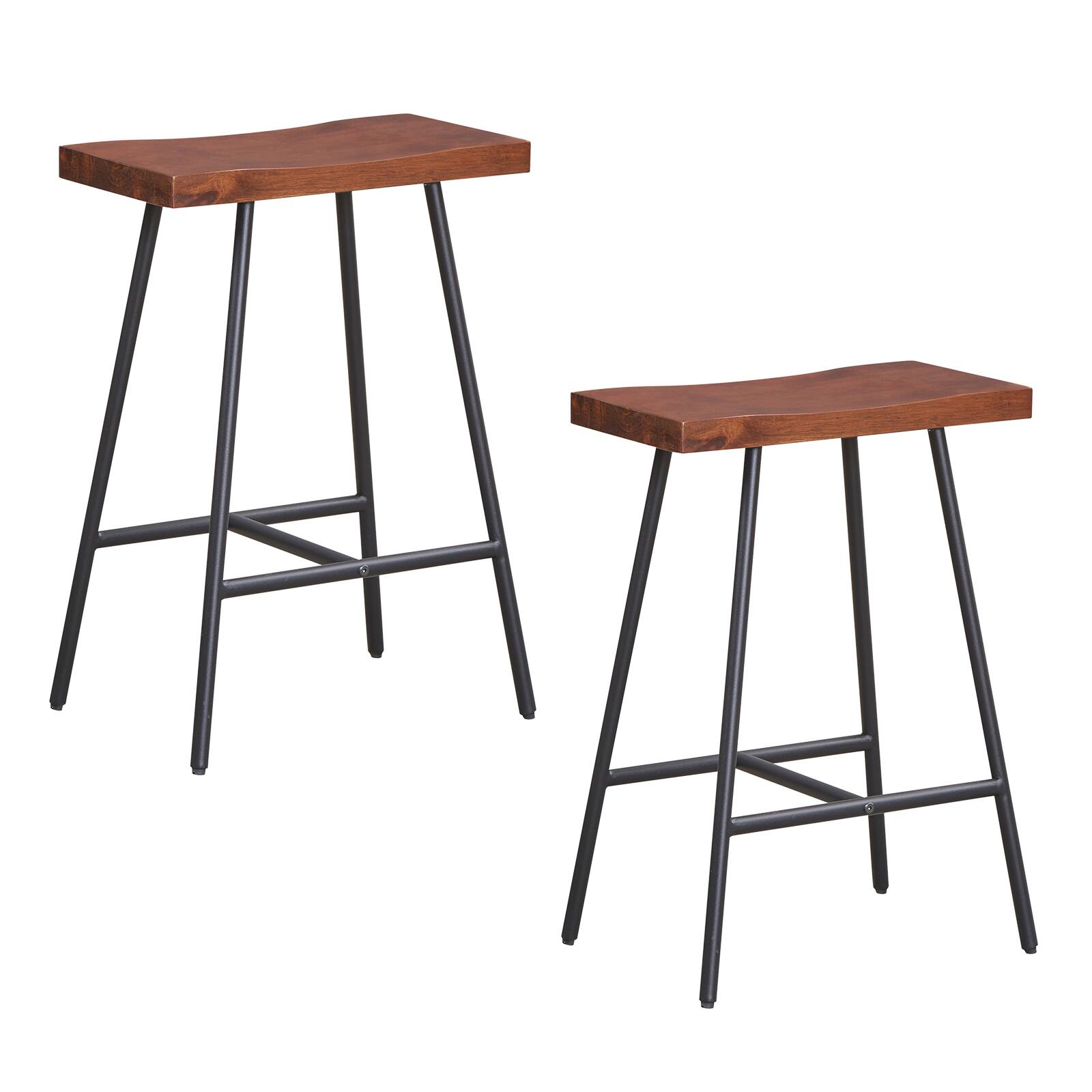 Costway - Set of 2 Industrial Saddle Stool Counter Height Bar Stool Dining Pub Chair w/ Metal Frame - Walnut + Black