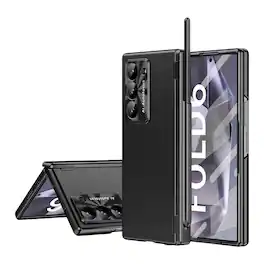 Dteck - Rugged Shockproof Case For Samsung Galaxy Z Fold6 with Stylus+2 Hinge Cover+Screen Protector Included - Black