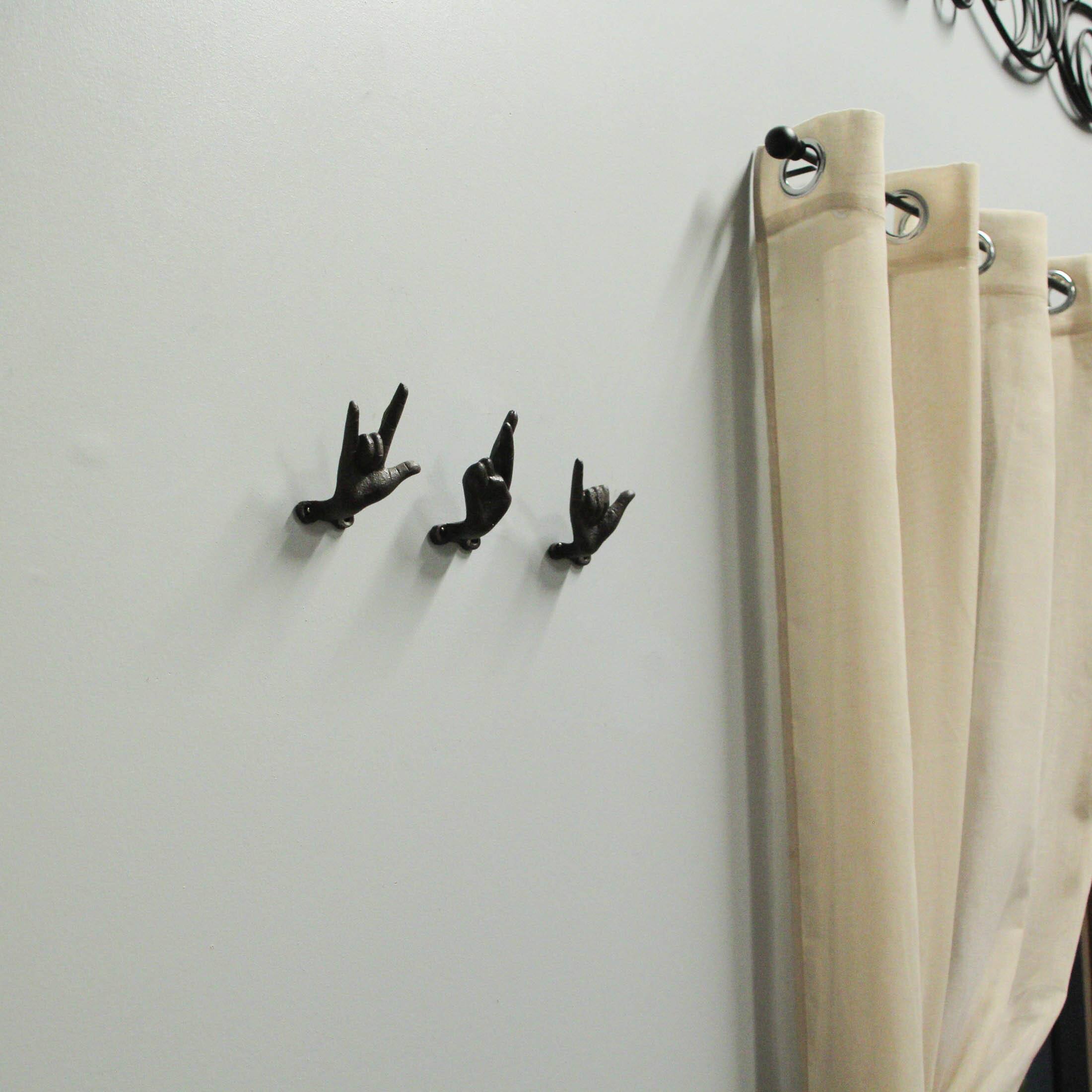Alt View 4. Zeckos - Set of 3 Brown Cast Iron Hand Gesture Wall Hooks - Black.