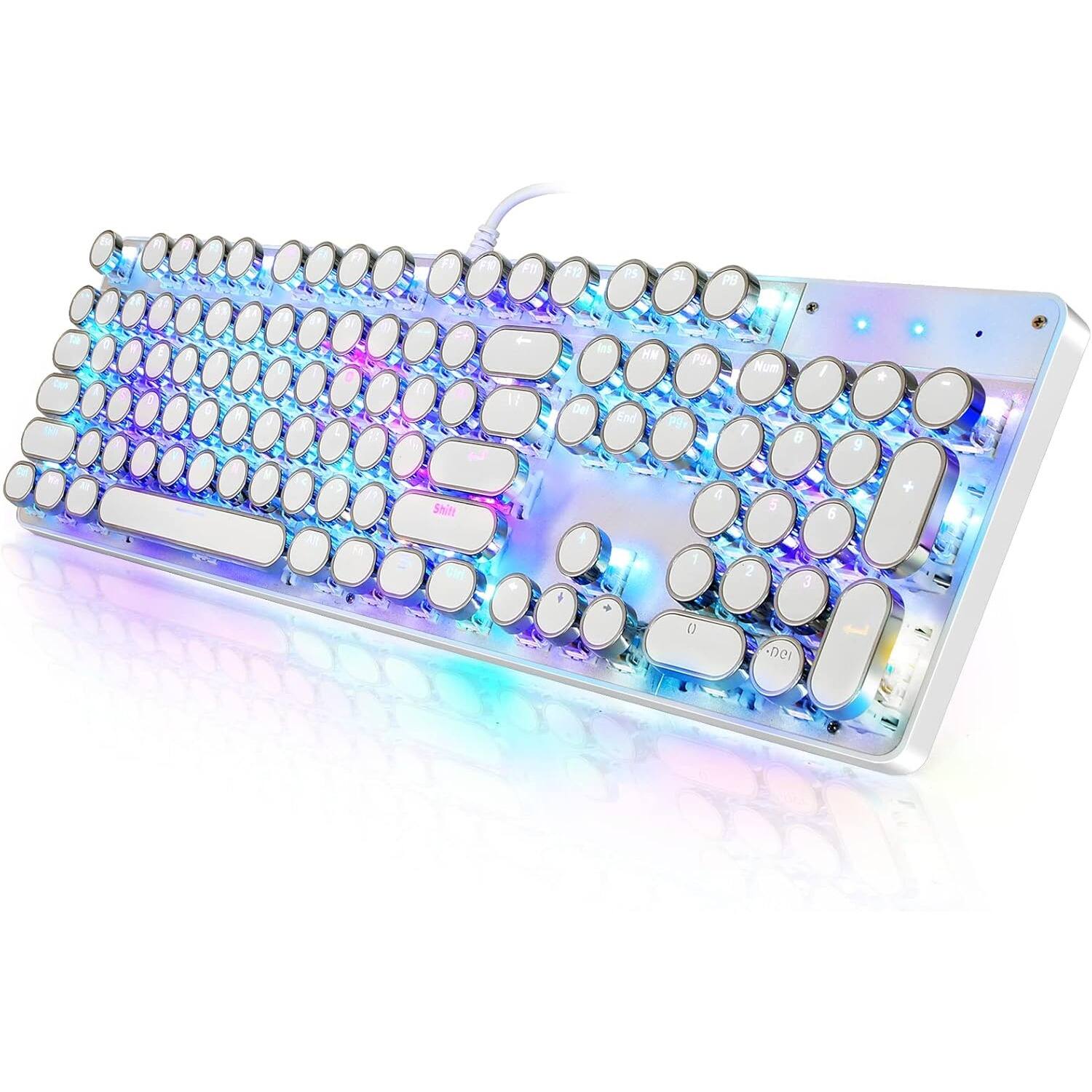 PARKER SLATER - Typewriter-style mechanical gaming keyboard with RGB backlight, blue switches, retro round keycaps, and 104 keys - White