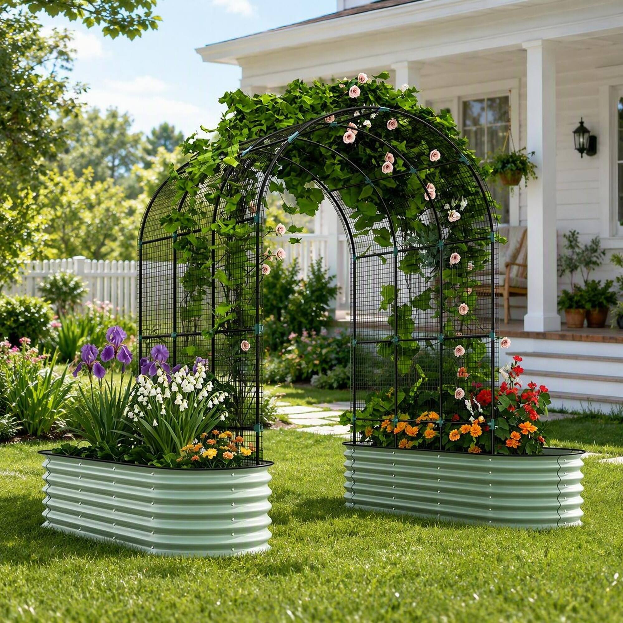 Alt View 1. RYHNUYNE - Raised Garden Bed Set with Arch Trellis and Climbing Net for Vegetables and Flowers, Galvanized Steel Planter - Green.