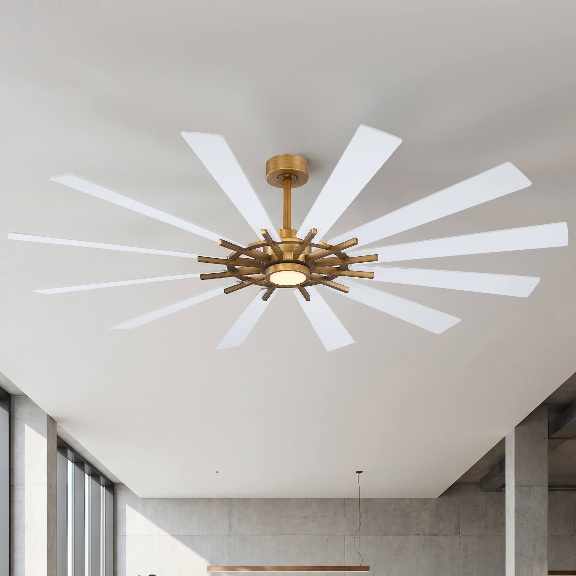 Front. Parrot Uncle - 72" Farmhouse 12-Blade Large Ceiling Fan with Dimmable LED Light and Remote - Gold.