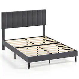 Costway - Full Size Bed Frame with Height Adjustable Vertical Channel Headboard, Noise Free - Gray