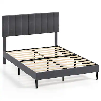Front. Costway - Costway Full Size Bed Frame with Height Adjustable Vertical Channel Headboard, Noise Free - Gray.