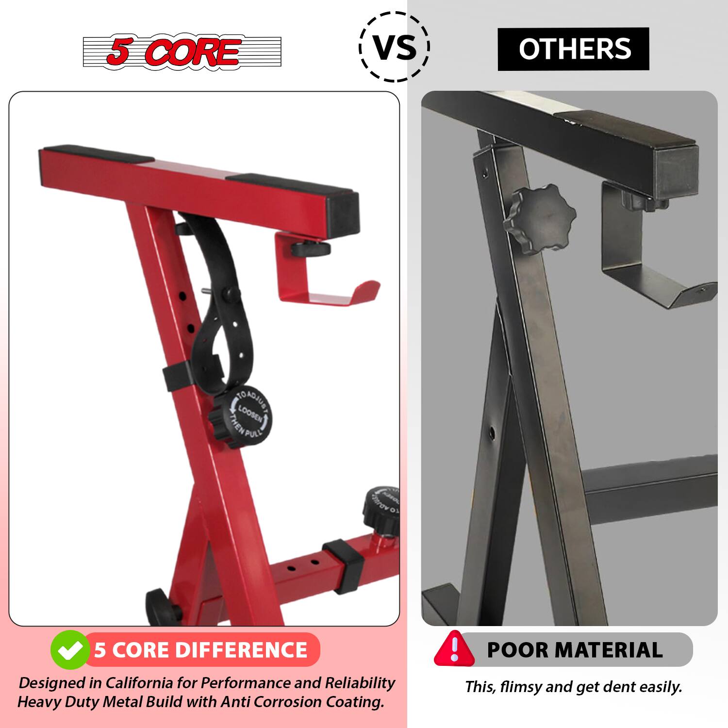 5 CORE vs OTHERS

5 CORE DIFFERENCE
Designed in California for Performance and Reliability
Heavy Duty Metal Build with Anti Corrosion Coating.

POOR MATERIAL
This is flimsy and get dent easily.