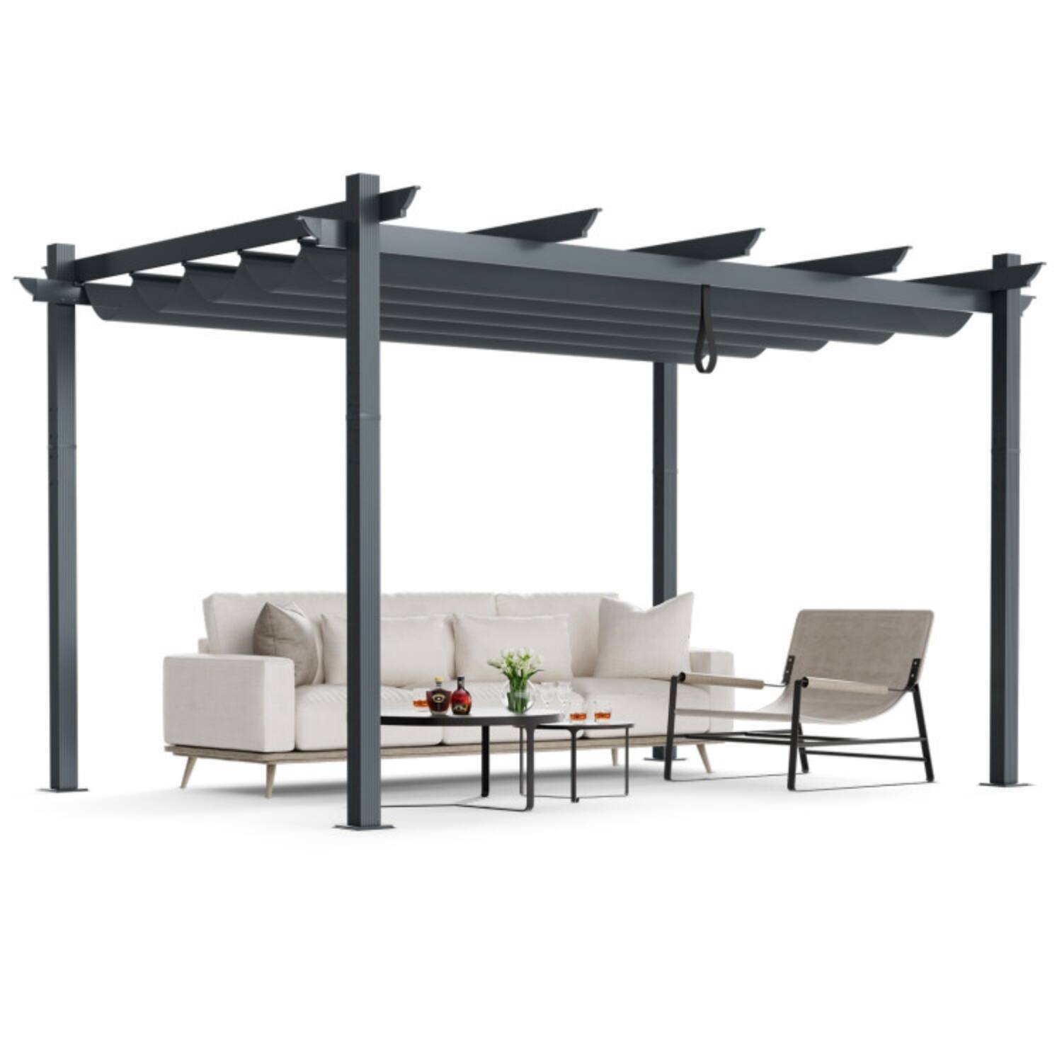 Alt View 6. Mondawe - 10 x 13 FT Freestanding Aluminum Retractable Pergola with Rope Loop - Gray.