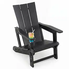 Gymax - Adirondack Chair w/ Cup Holder All-Weather HDPE Plastic Outdoor Patio Chair - Black