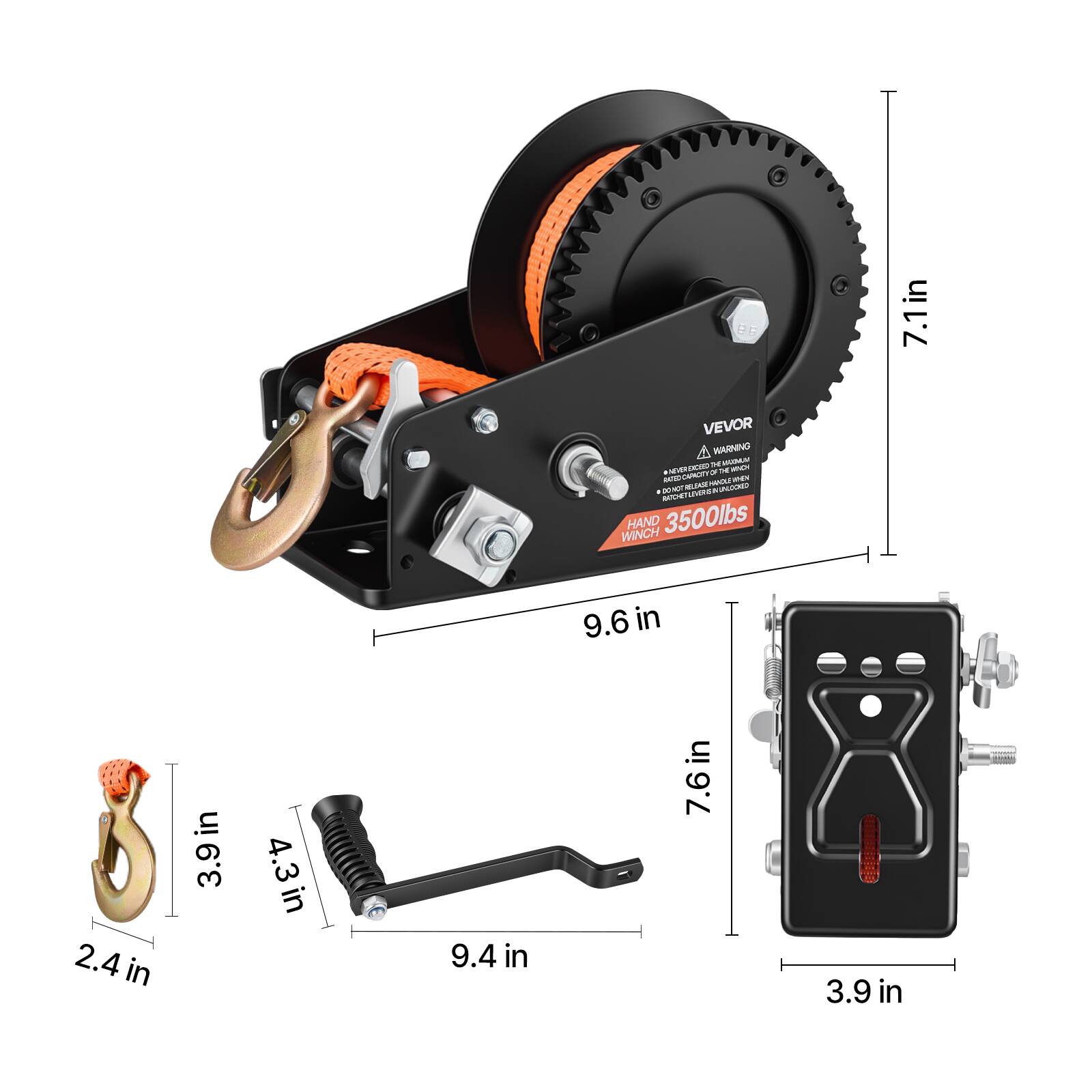 7.1in VEVOR 4 HARNNG DE HUAN MEVRS AN - 3 - - nUSUre - man - M m - LRSA E MISTETU WINCH HAND 3500lbs 9.6 in 2.4 in 3.9in 4.3in 9.4 in 7.6in