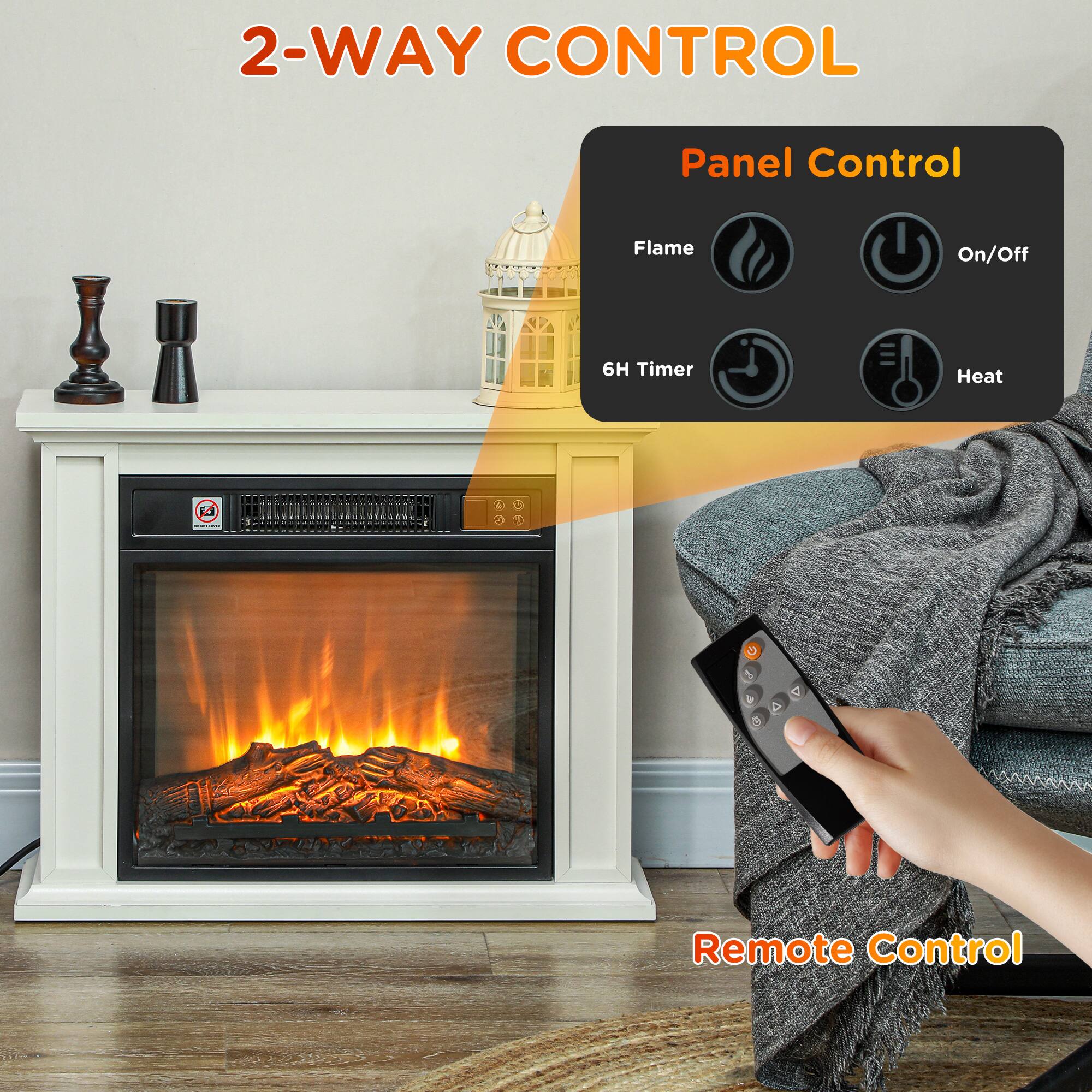2-WAY CONTROL

Panel Control
- Flame
- On/Off
- 6H Timer
- Heat

Remote Control