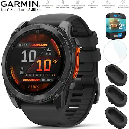 GARMIN
fénix 8
- 51 mm, AMOLED
BRIGHT, CRISP AMOLED DISPLAY
UP TO 29 DAYS OF BATTERY LIFE IN SMARTWATCH MODE
SPEAKER AND MICROPHONE FOR VOICE MESSAGING AND CONTROL
BRIGHT BUILT-IN LED FLASHLIGHT
SPORT-SPECIFIC STRENGTH WORKOUTS
24/7 HEALTH AND WELLNESS FEATURES
CPS 60
2 YR EXTENDED WARRANTY
10K
3428
38
52
VO2
SMTWTFS
01
100%
FÉNIX
GARMIN