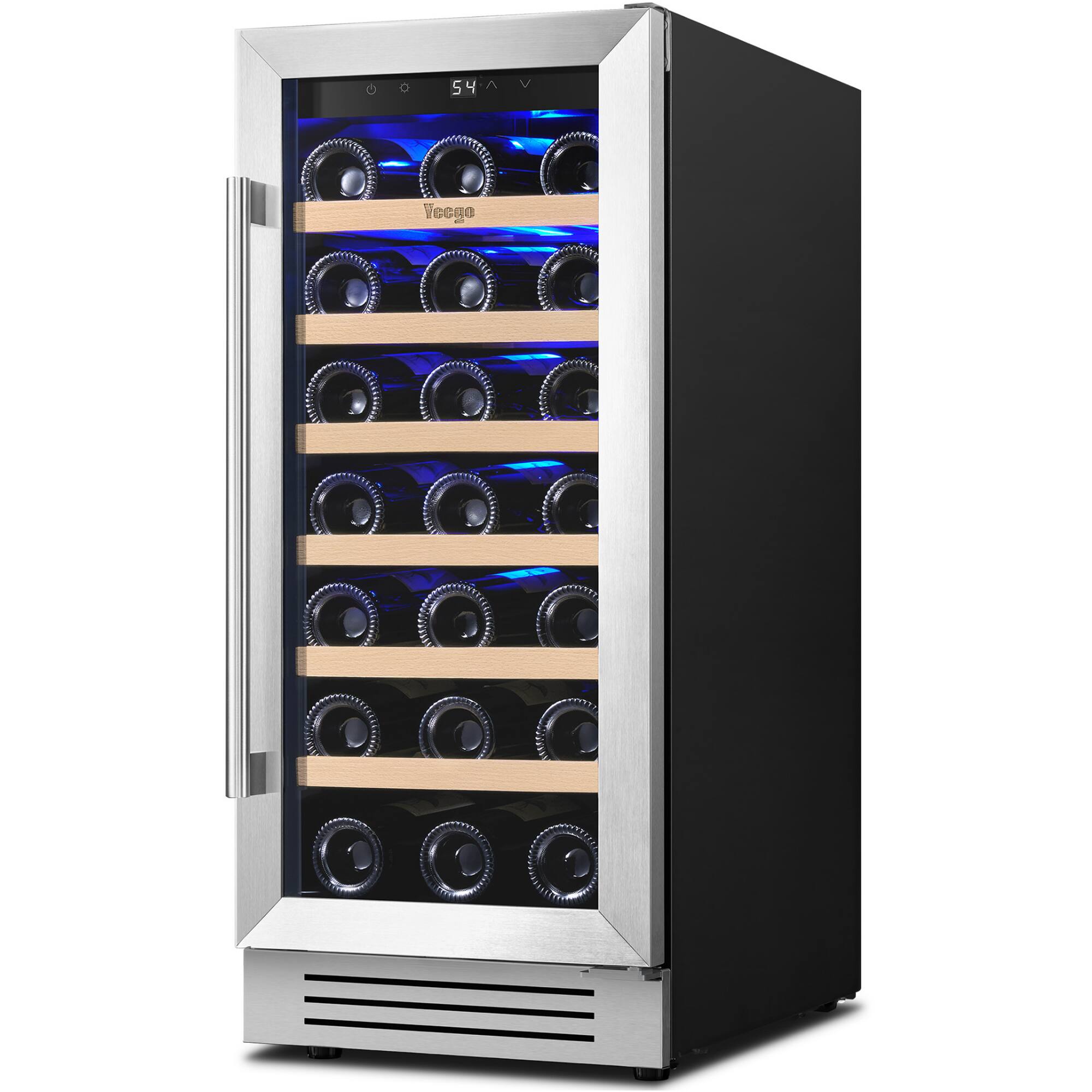 Angle. Yeego - 15 inch Wine Cooler Refrigerator with 33-Bottle Built-In/Freestanding for Home Bar，Stainless Steel - Stainless Steel.