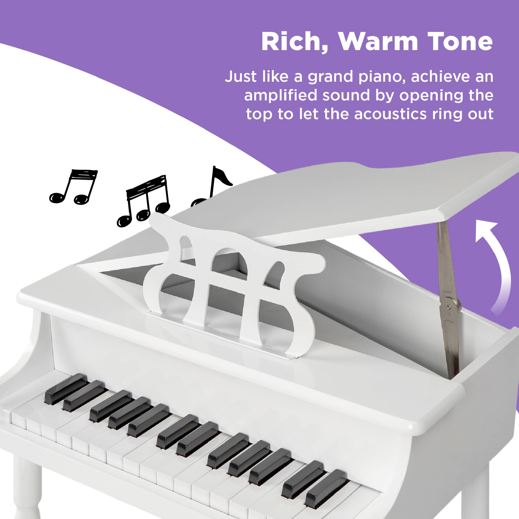 Rich, Warm Tone

Just like a grand piano, achieve an amplified sound by opening the top to let the acoustics ring out