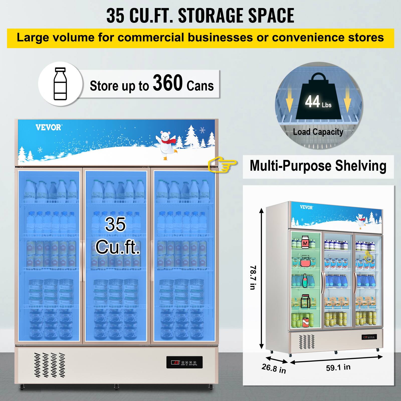 35 CU.FT. STORAGE SPACE, Large volume for commercial businesses or convenience stores, Store up to 360 Cans, 44 Lbs, VEVOR, Load Capacity, Multi-Purpose Shelving, 35 Cu.ft., 78.7 in, VEVOR, M, L, i, 26.8 in, 59.1 in