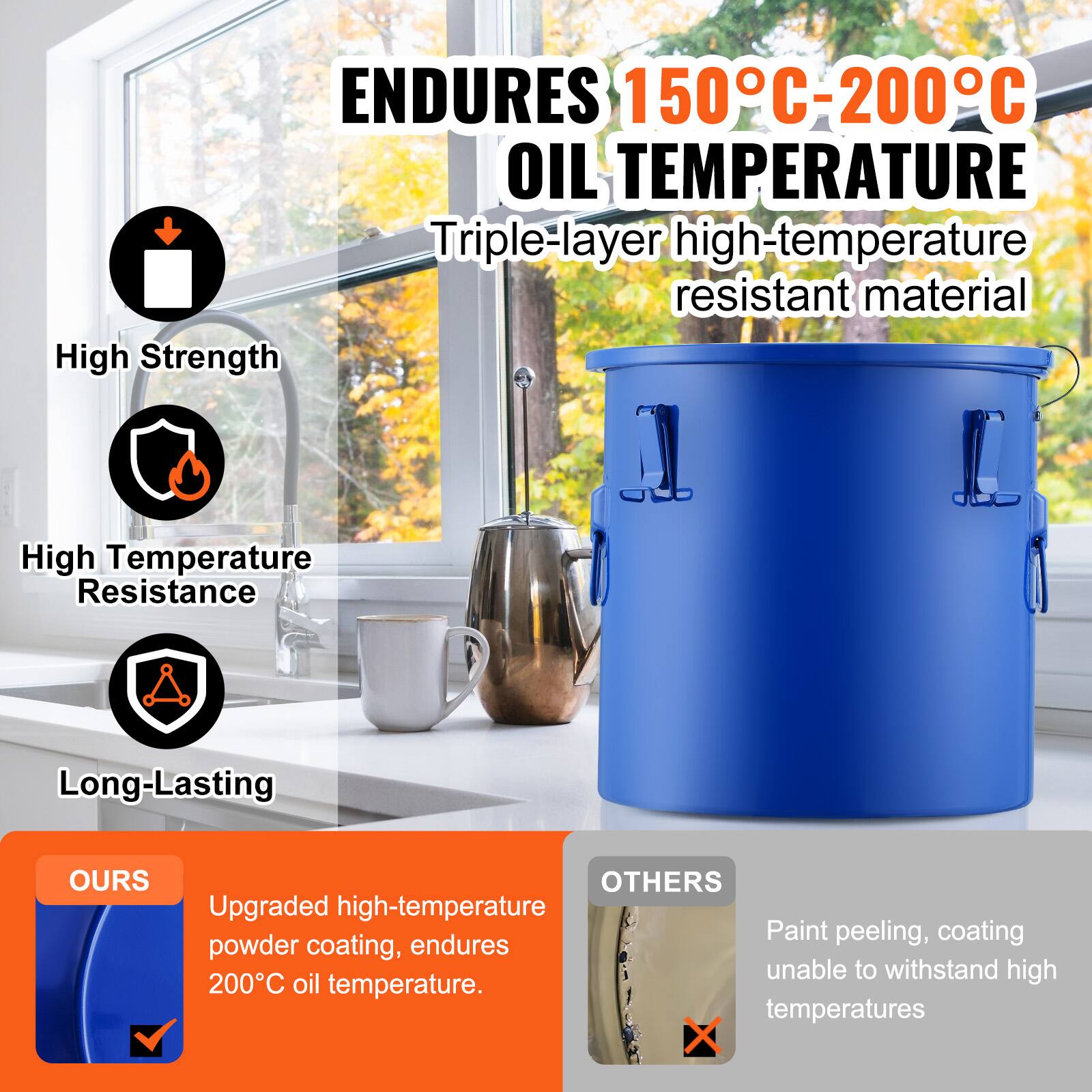 ENDURES 150°C-200°C OIL TEMPERATURE

Triple-layer high-temperature resistant material

- High Strength
- High Temperature Resistance
- Long-Lasting

OURS
Upgraded high-temperature powder coating, endures 200°C oil temperature.

OTHERS
Paint peeling, coating unable to withstand high temperatures