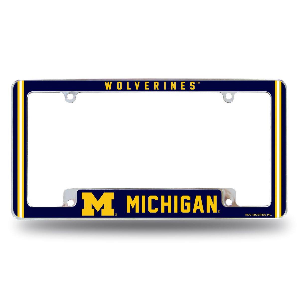 Michigan Wolverines Chrome Metal License Plate Frame with Full Frame Team Color Graphics