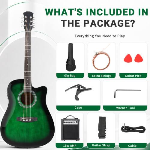 WHAT'S INCLUDED IN THE PACKAGE?
Everything You Need to Play
Gig Bag
Extra Strings
Guitar Pick
Capo
Wrench Tool
15W AMP
Guitar Strap
Cable