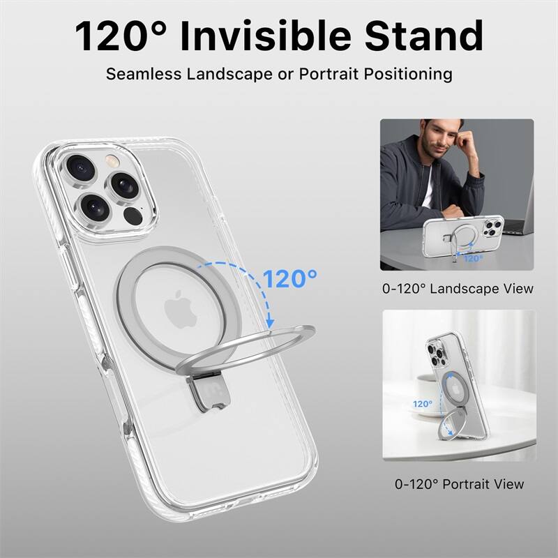 120° Invisible Stand, Seamless Landscape or Portrait Positioning, 0-120° Landscape View, 0-120° Portrait View