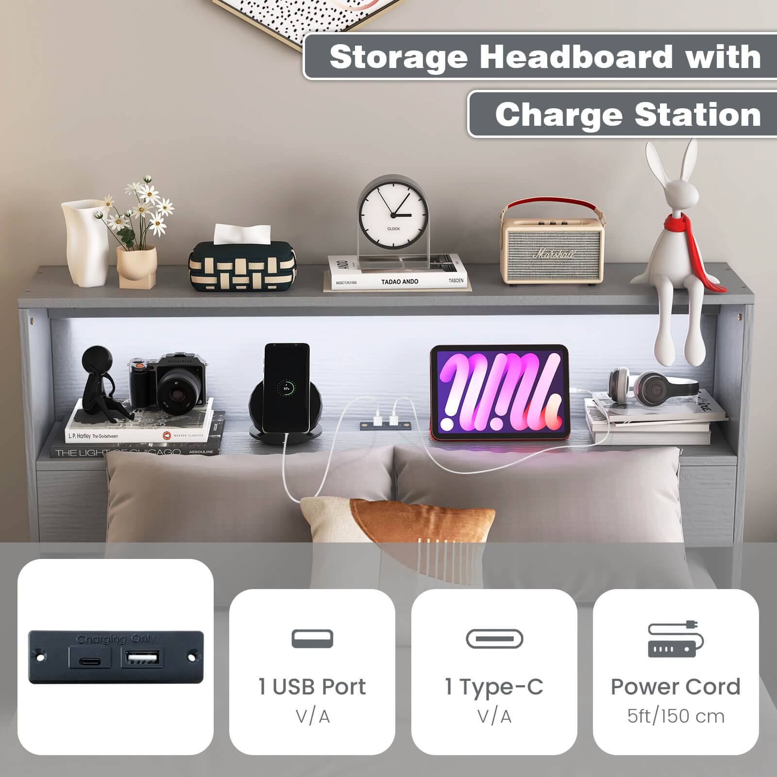 Storage Headboard with Charge Station

- 1 USB Port
- 1 Type-C
- Power Cord 5ft/150 cm
