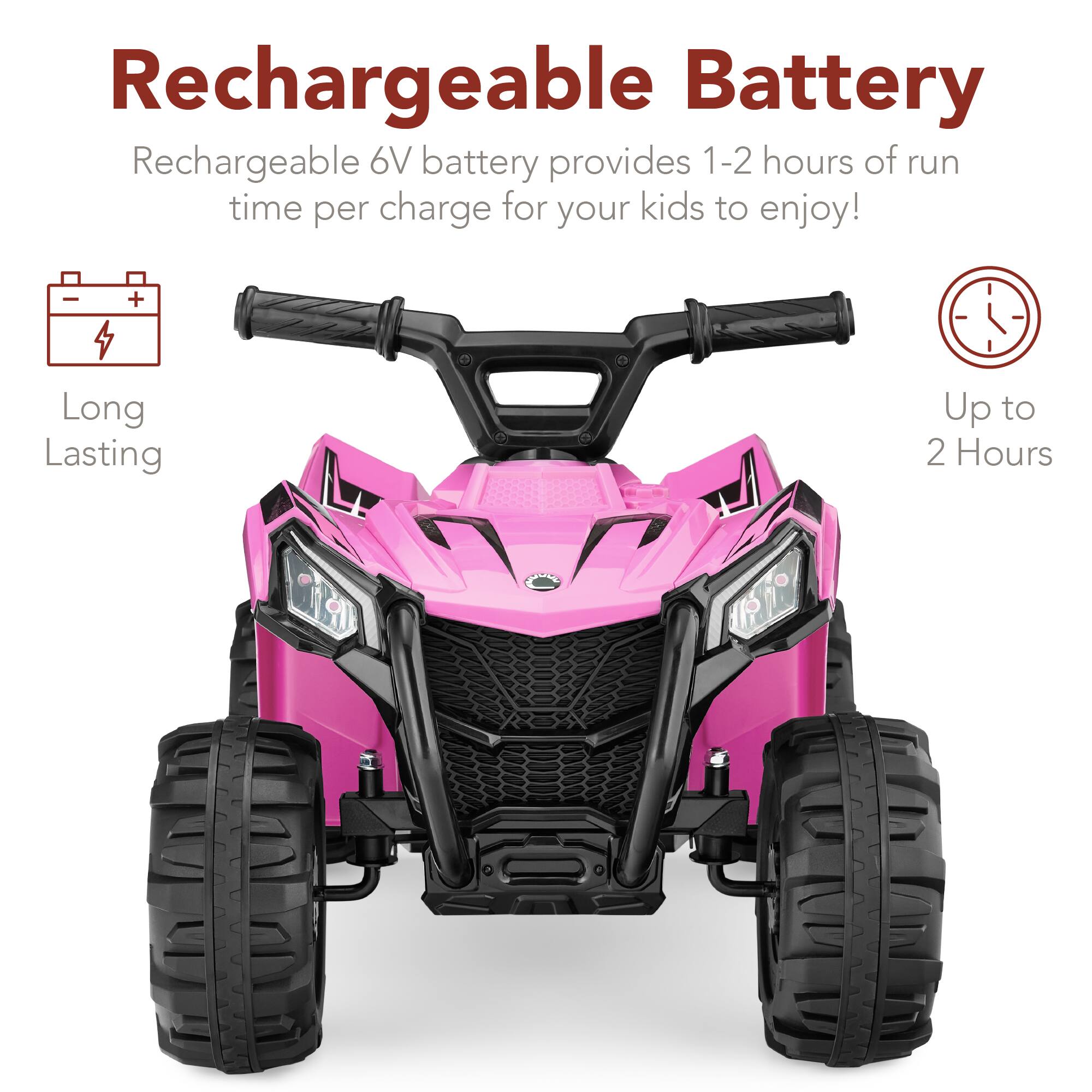 Rechargeable Battery: Rechargeable 6V battery provides 1-2 hours of run time per charge for your kids to enjoy! Long Lasting - Up to 2 Hours.
