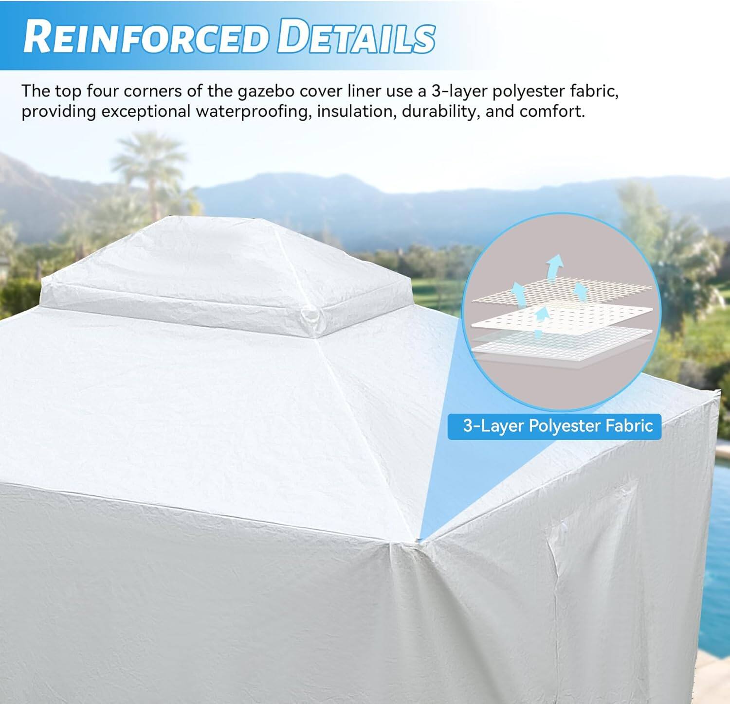 REINFORCED DETAILS

The top four corners of the gazebo cover liner use a 3-layer polyester fabric, providing exceptional waterproofing, insulation, durability, and comfort.

3-Layer Polyester Fabric