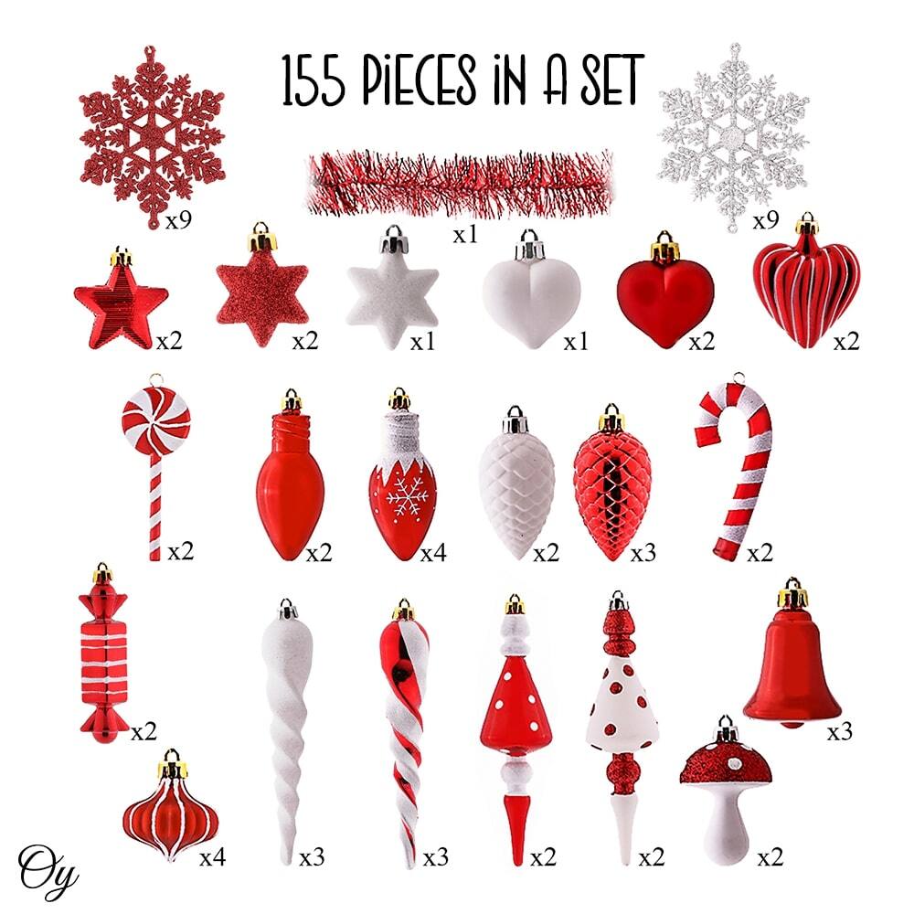 155 PIECES IN A SET

- Red snowflake x9
- Red tinsel garland x1
- Red star x2
- Red glitter star x2
- White star x1
- White heart x1
- Red heart x2
- Red bell x2
- Red and white striped candy cane x2
- Red glitter ball x2
- Red and white striped ball x4
- White spiral x2
- Red spiral x3
- Red and white striped spiral x2
- Red and white striped cone x2
- Red and white striped cone x3
- Red and white striped cone x2
- Red and white striped cone x2
- Red and white striped cone x2
- Red and white striped cone x2
- Red and white striped cone x2
- Red and white striped cone x2
- Red and white striped cone x2
- Red and white striped cone x2
- Red and white striped cone x2
- Red and white striped cone x2
- Red and white striped cone x2
- Red and white striped cone x2
- Red and white striped cone x2
- Red and white striped cone x2
- Red