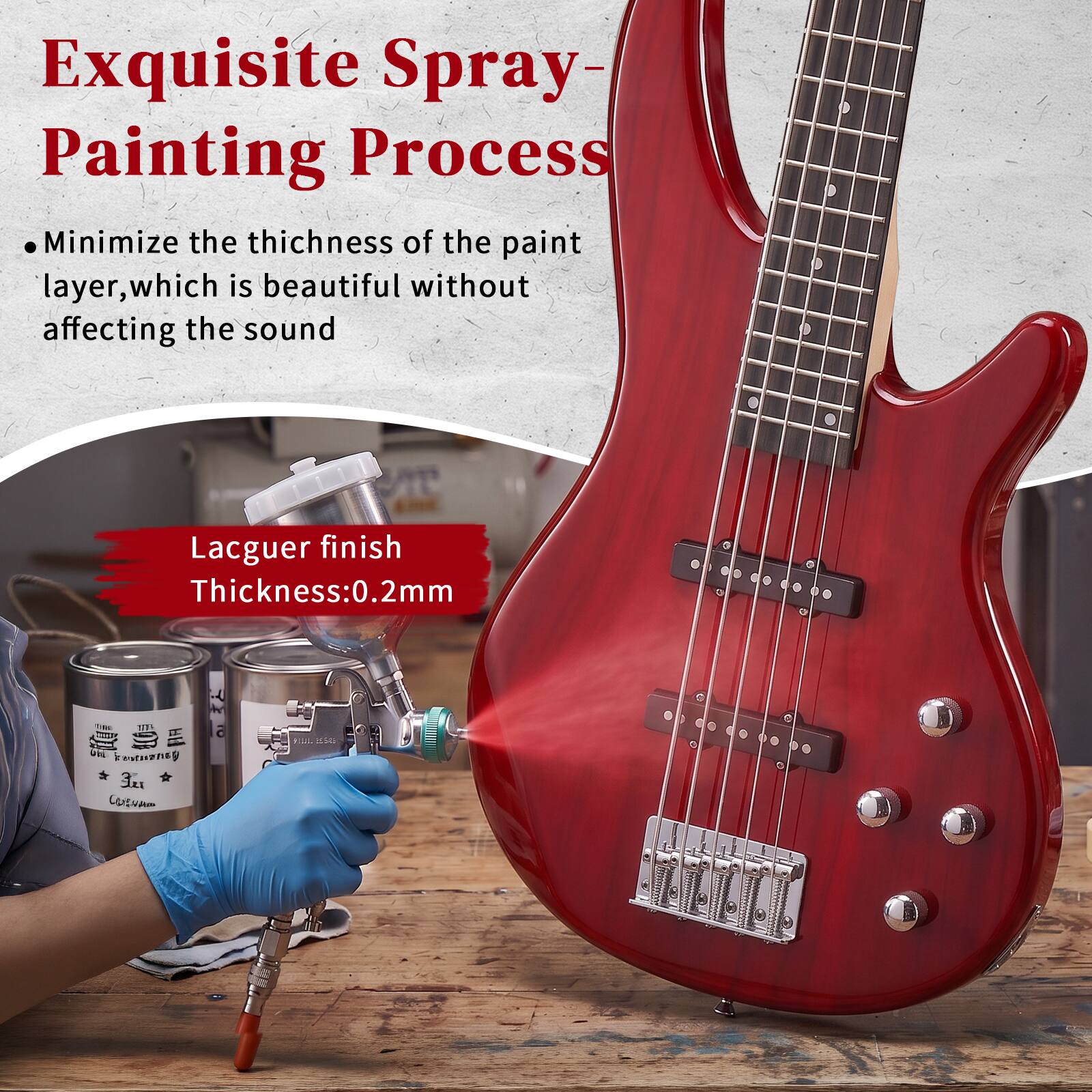Exquisite Spray-Painting Process  
Minimize the thickness of the paint layer, which is beautiful without affecting the sound  

Lacquer finish  
Thickness: 0.2mm  

THE 100% DEL inturney  
6  
HIMAL BESSAS  
lu CUEVALO