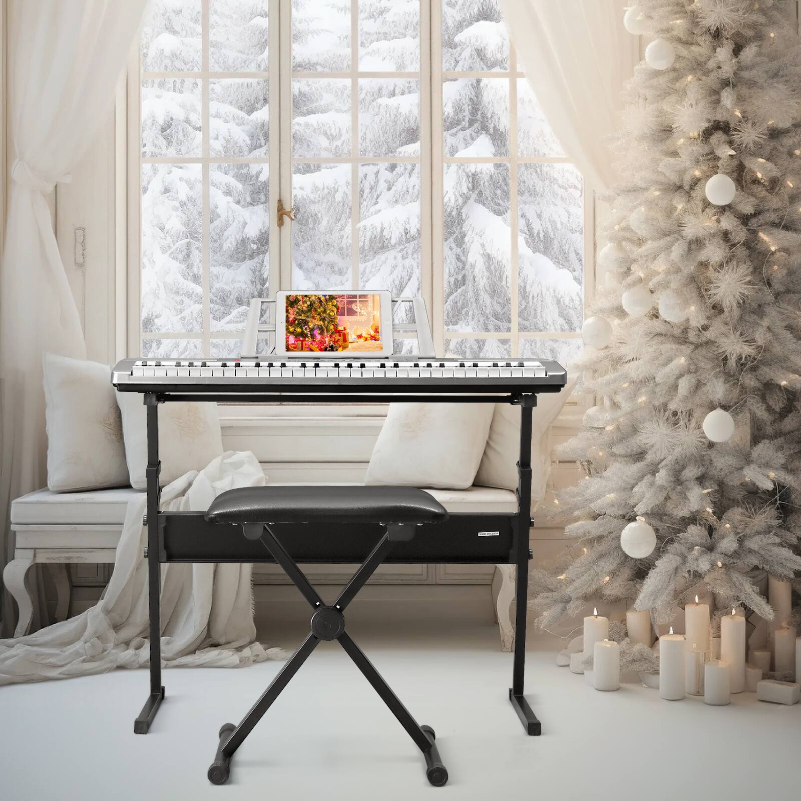 Back. Winado - 61 Key Keyboard Piano Electric Keyboard w/Lighted Keys, Electric Piano Set with Headphones, Microphone, Music Rest.