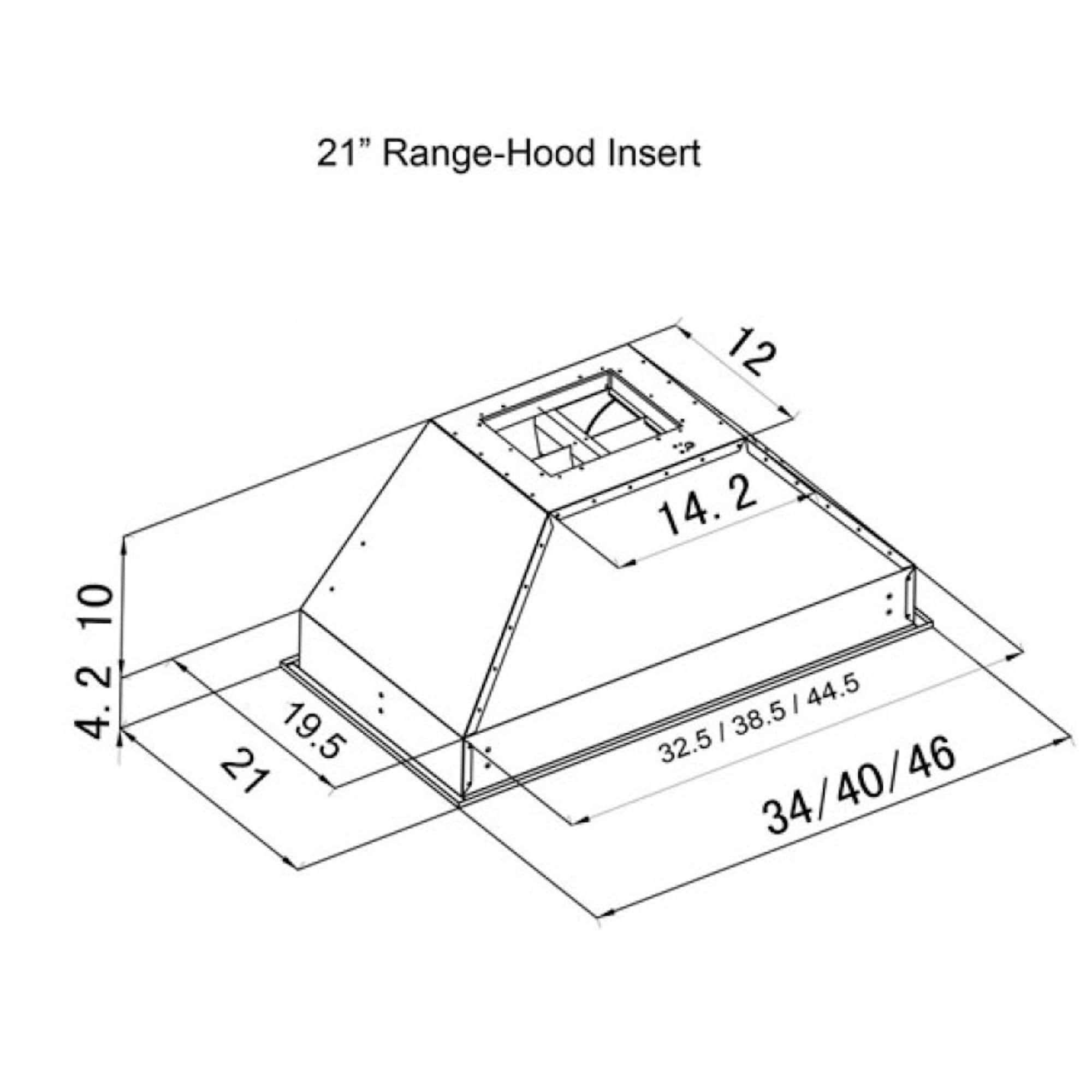 The text on the image reads: "21" Range-Hood Insert 12 10 2 4.2 19.5 21 : To 14.2 I 44.5 I 38.5 32.5 46 34/40/46 40 34". This text is describing the dimensions and measurements of a range-hood insert. The insert is 21 inches in size, and it has a height of 12 inches and a width of 10 inches. The insert also has a depth of 2 inches. The image also provides measurements for the height, width, and depth of the insert, as well as the range-hood's dimensions.