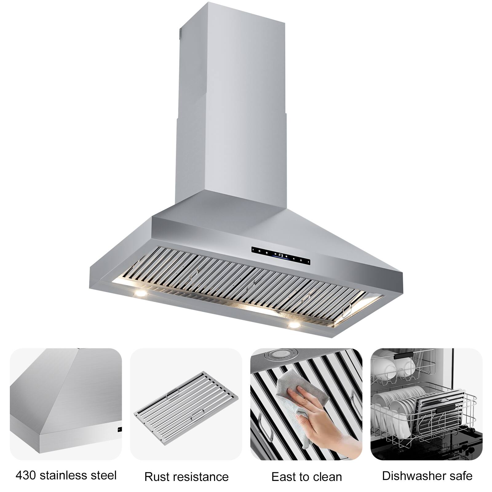 430 stainless steel  
Rust resistance  
Easy to clean  
Dishwasher safe