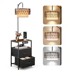 Front. VEVOR - Floor Lamp with Table, 2-Tier End Table with 2 Drawers and 3 Color Temperature LED Bulb, Modern Side Nightstand - Black + Brown.