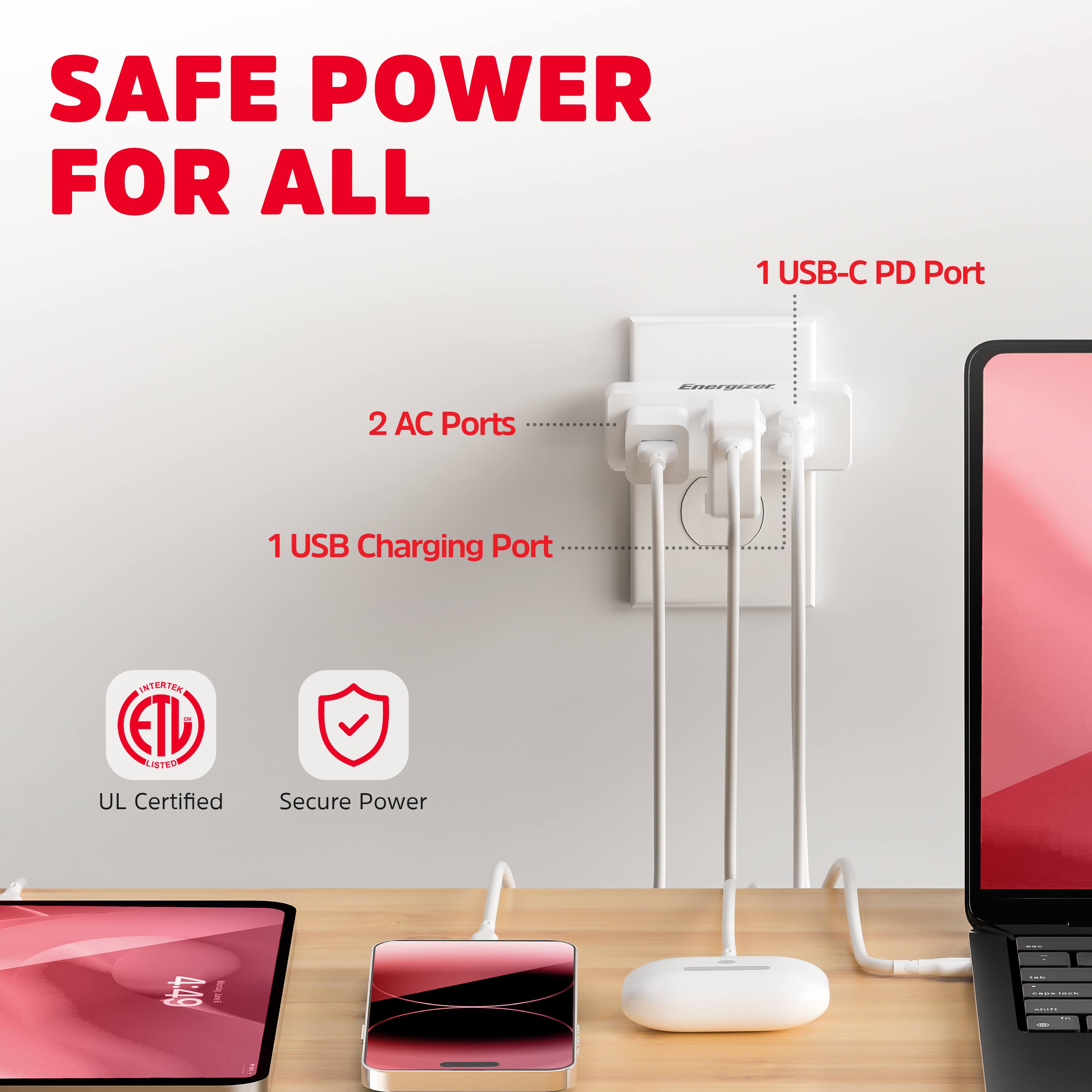 SAFE POWER FOR ALL

1 USB-C PD Port

2 AC Ports

1 USB Charging Port

UL Certified

Secure Power

ETL LISTED