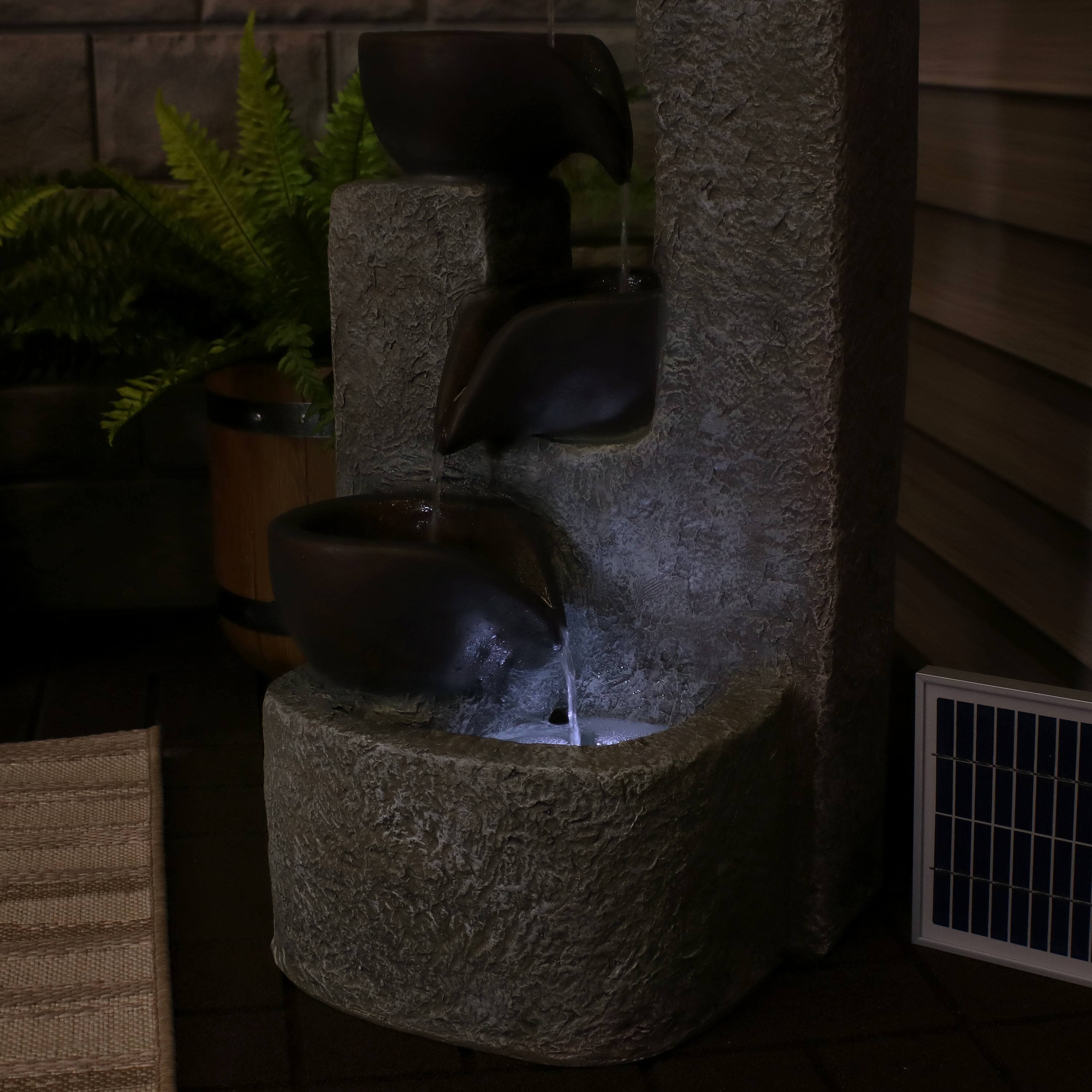 Alt View 4. Sunnydaze - Aged Tiered Vessels Solar Water Fountain with Battery - 29 in - Grey.