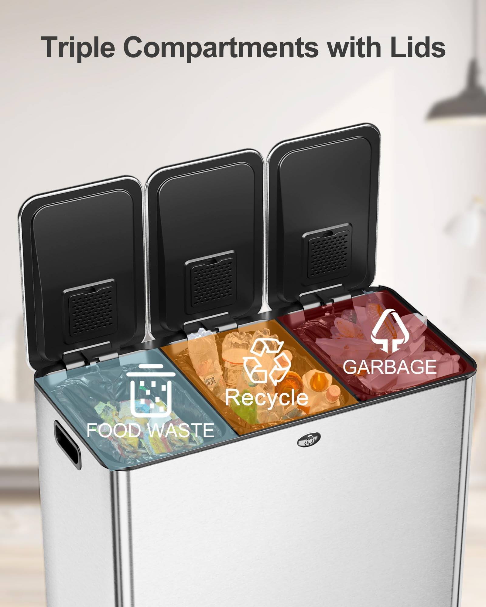 Triple Compartments with Lids

- FOOD WASTE
- Recycle
- GARBAGE