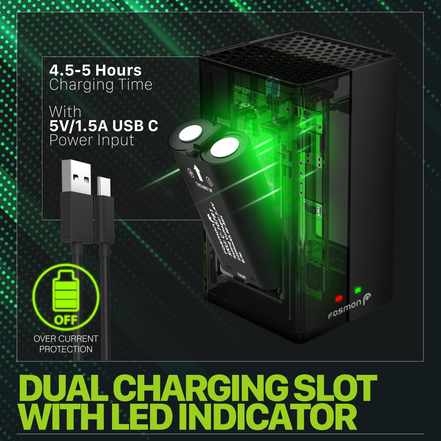 4.5-5 Hours Charging Time With 5V/1.5A USB C Power Input FosmON OVER CURRENT PROTECTION DUAL CHARGING SLOT WITH LED INDICATOR