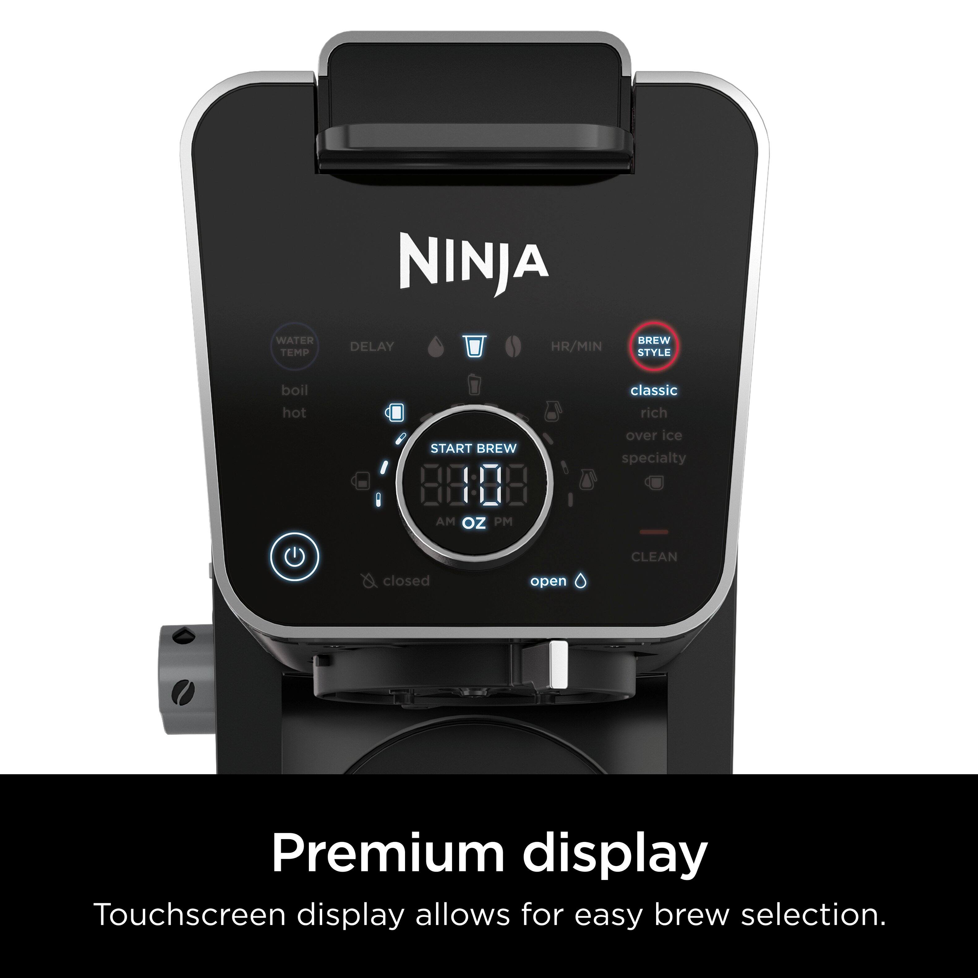 NINJA WATER TEMP DELAY HR/MIN BREW STYLE boil hot classic rich START BREW over ice specialty AM oz PM CLEAN closed open Premium display Touchscreen display allows for easy brew selection.