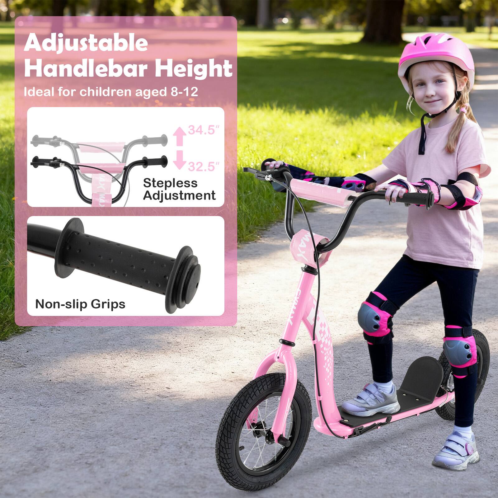 Adjustable Handlebar Height  
Ideal for children aged 8-12  

34.5"  
32.5"  

Stepless Adjustment  

Non-slip Grips