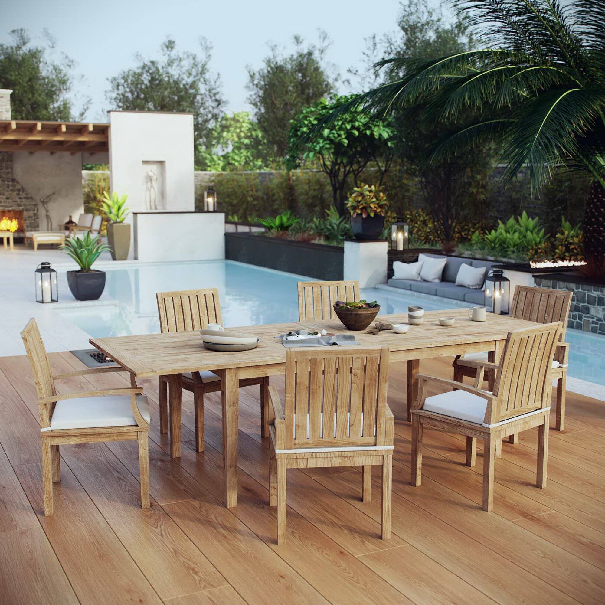 Alt View 5. Modway - Marina 7-Piece Outdoor Teak Patio Dining Set - Natural White.