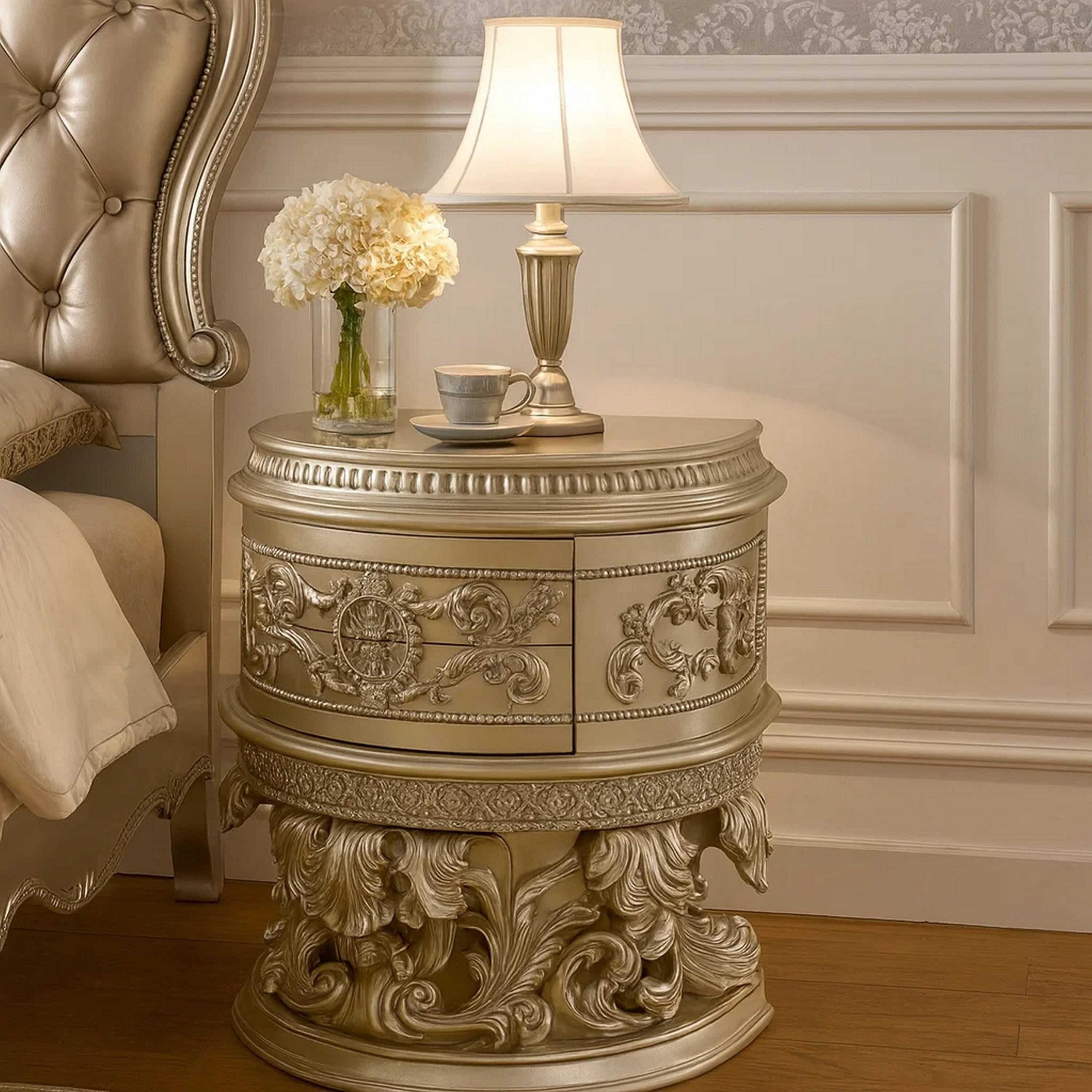 Alt View 5. Manhattan Lane - Nightstand with Scrolled Carvings and Half Moon Shape - Silver.