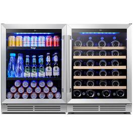 Yeego - Wine Cooler and Beverage Refrigerator, 2×24'' Wine Cooler Side by Side, Under Counter Wine Fridge, Hold 140 Cans and 52 - Silver