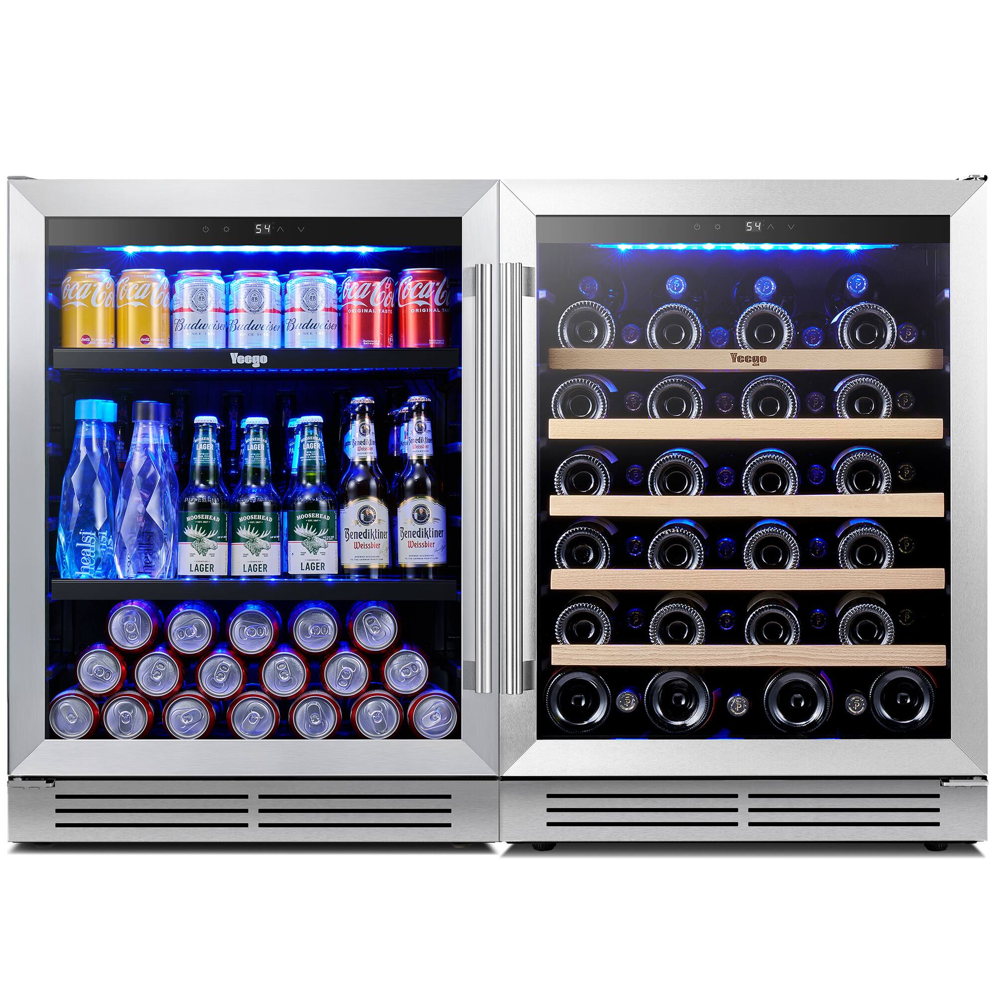 Yeego - Wine Cooler and Beverage Refrigerator, 2×24'' Wine Cooler Side by Side, Under Counter Wine Fridge, Hold 140 Cans and 52 - Silver