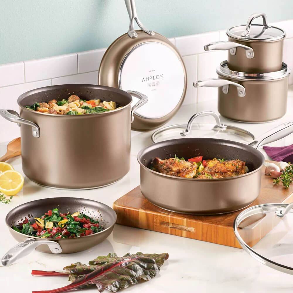 Angle. Anolon - Anolon 85103 Ascend Hard Anodized Nonstick Kitchen Cookware Pots and Pans Set, 10-Piece, Bronze - Bronze.