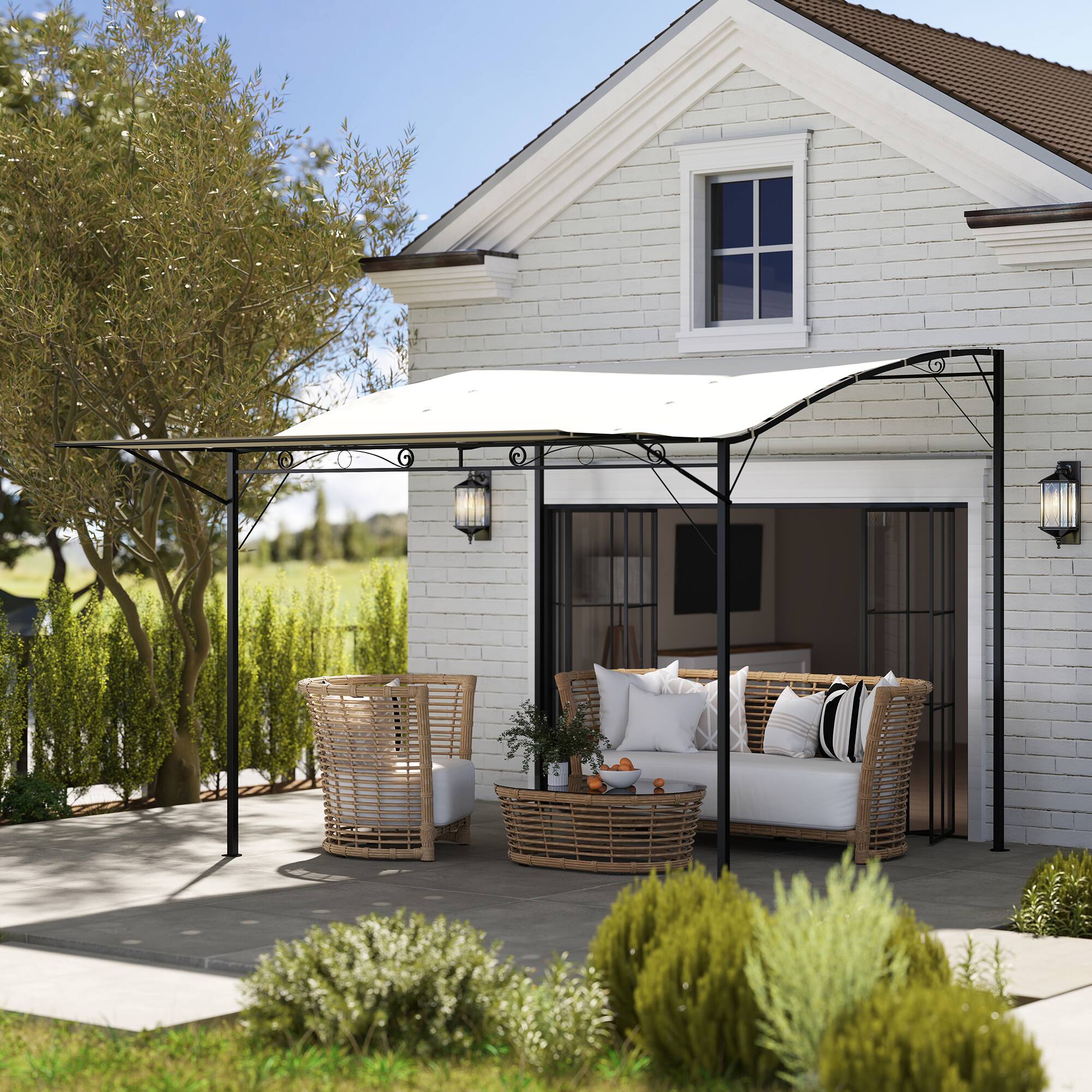 Angle. Outsunny - 10' x 8' Outdoor Pergola and Patio Gazebo, Extendable Side Awning, Sun Shade Shelter for Garden, Camper, Deck - Cream White.