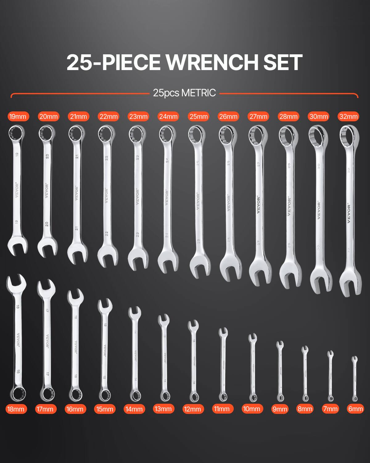 25-PIECE WRENCH SET  
25pcs METRIC  
19mm 20mm 21mm 22mm 23mm 24mm 25mm 26mm 27mm 28mm 30mm 32mm  
18mm 17mm 16mm 15mm 14mm 13mm 12mm 11mm 10mm 9mm 8mm 7mm 6mm