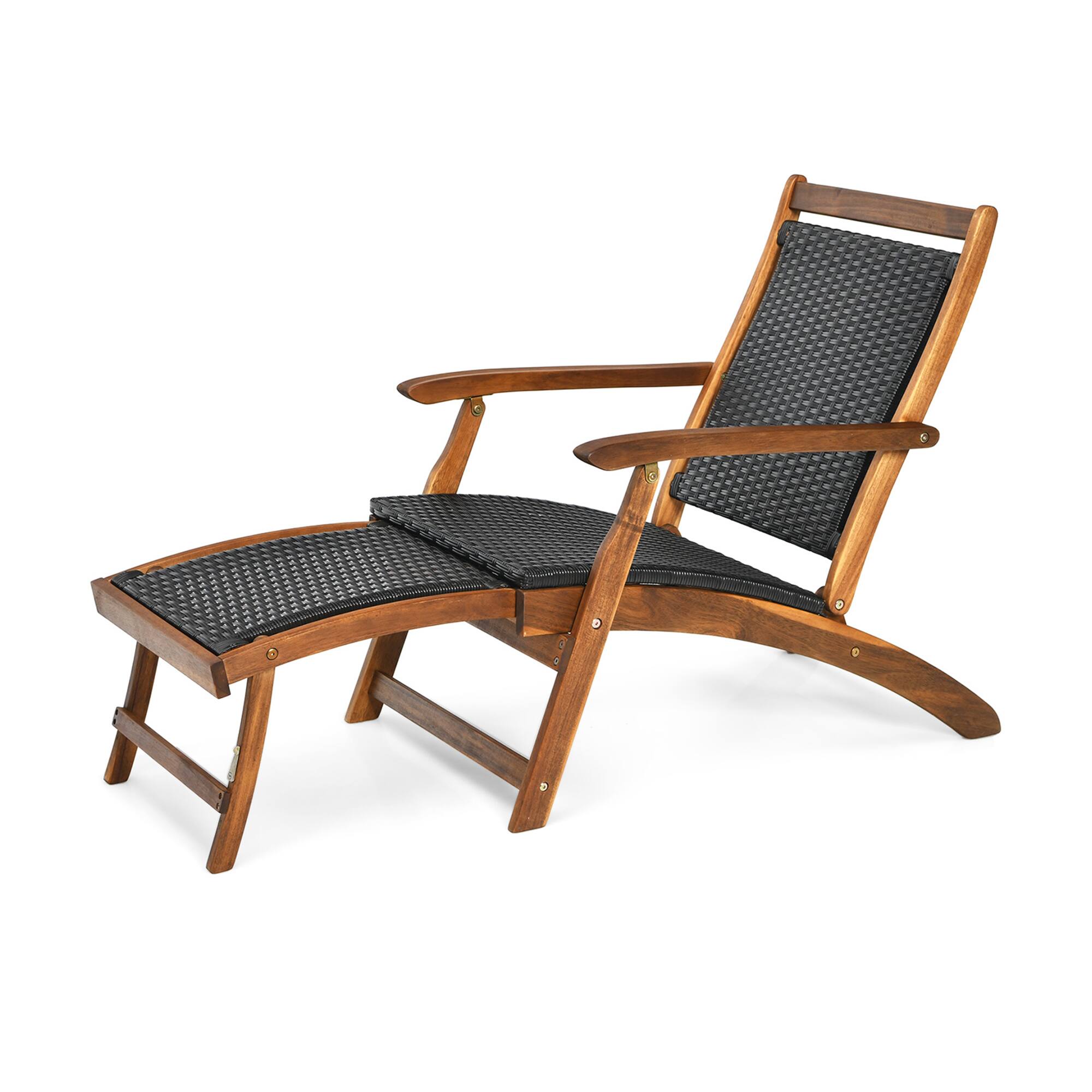 Alt View 1. Gymax - Gymax Folding Patio Acacia Wood Deck Chair Rattan Chaise Lounge Chair w/ Footrest - Mix Brown.