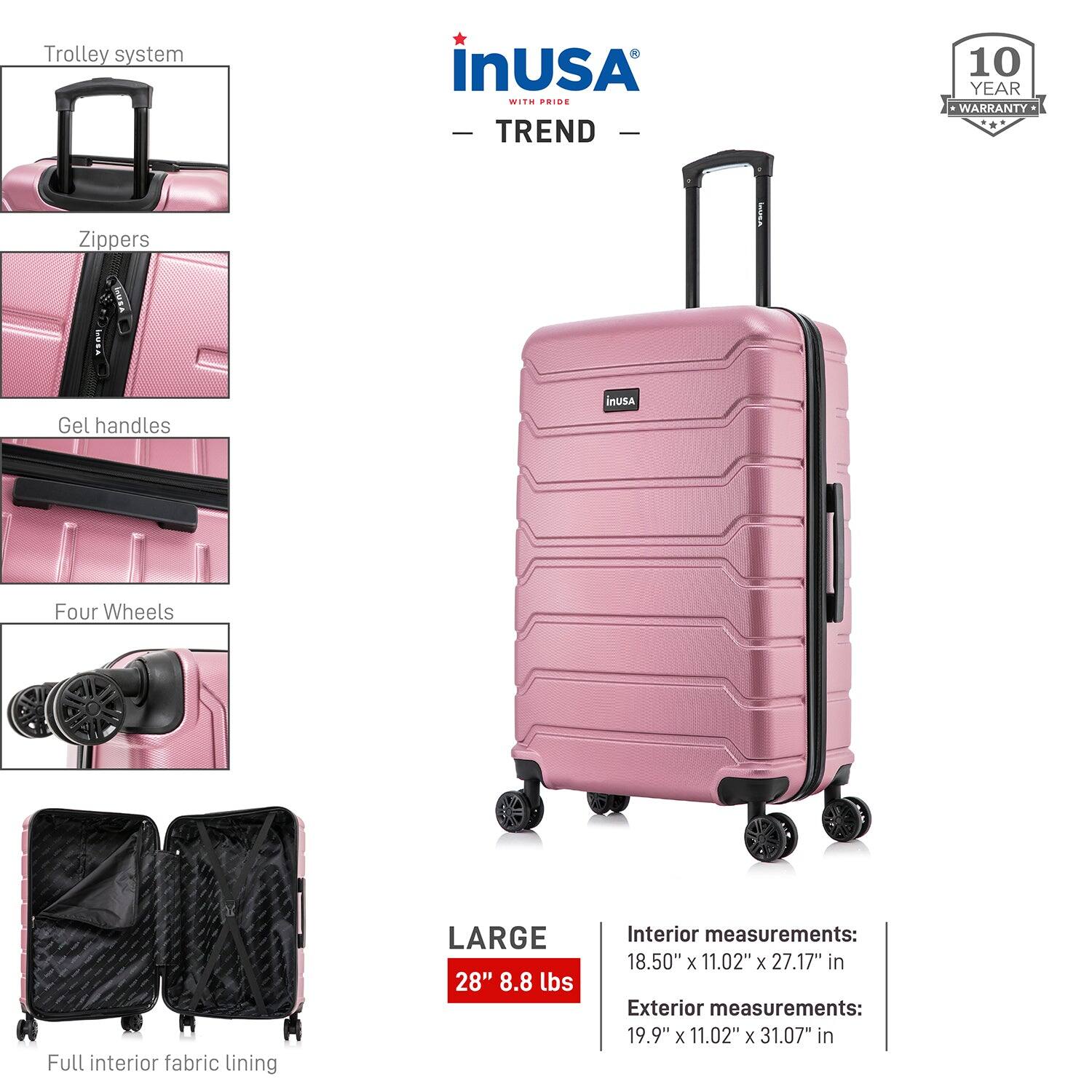 Trolley system  
Zippers  
Gel handles  
Four Wheels  
Full interior fabric lining  

LARGE  
28" 8.8 lbs  

Interior measurements:  
18.50" x 11.02" x 27.17" in  

Exterior measurements:  
19.9" x 11.02" x 31.07" in  

10 YEAR WARRANTY