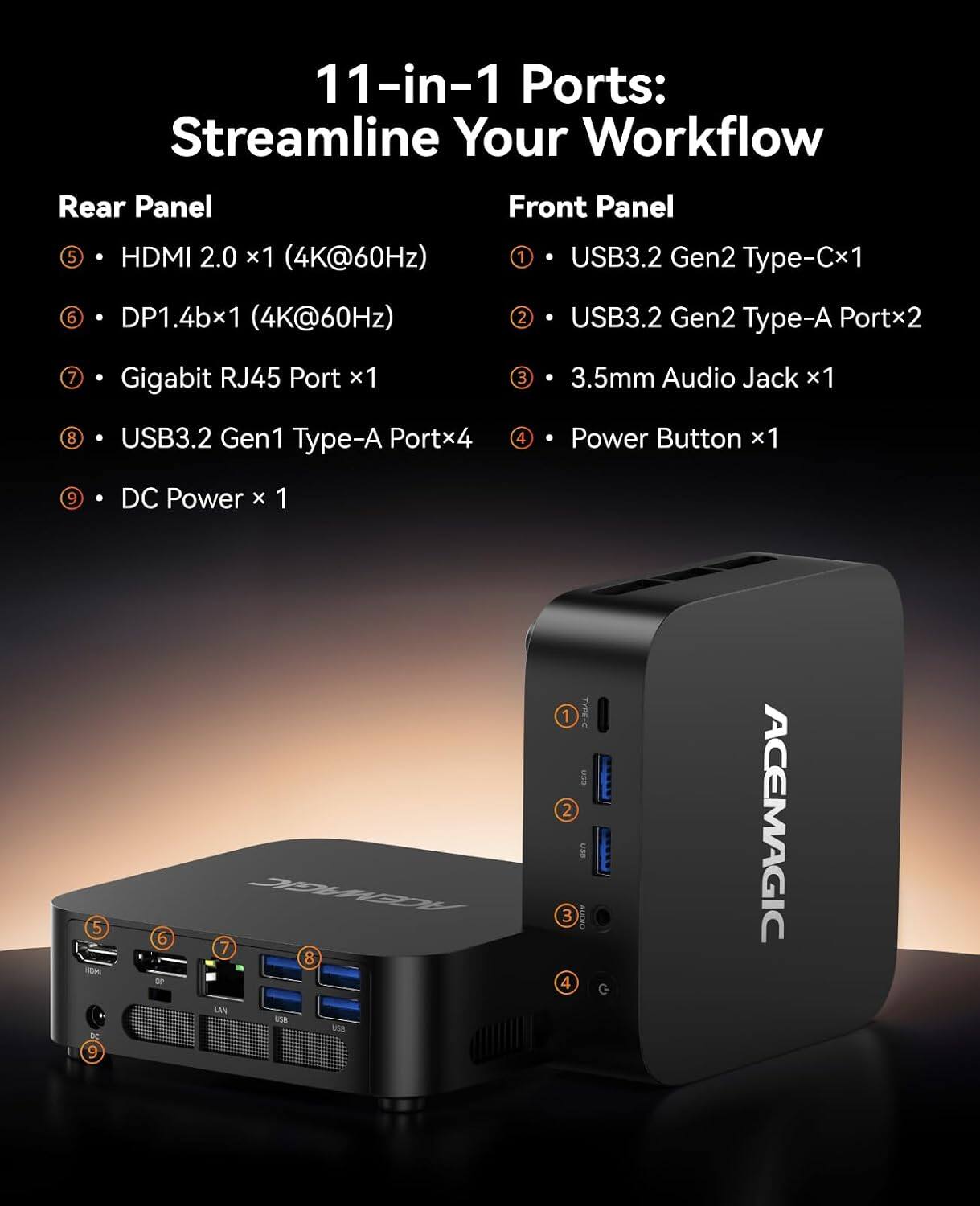 11-in-1 Ports: Streamline Your Workflow

Rear Panel
- HDMI 2.0 x1 (4K@60Hz)
- DP1.4b x1 (4K@60Hz)
- Gigabit RJ45 Port x1
- USB3.2 Gen1 Type-A Portx4
- DC Power x 1

Front Panel
- USB3.2 Gen2 Type-Cx1
- USB3.2 Gen2 Type-A Portx2
- 3.5mm Audio Jack x1
- Power Button x1