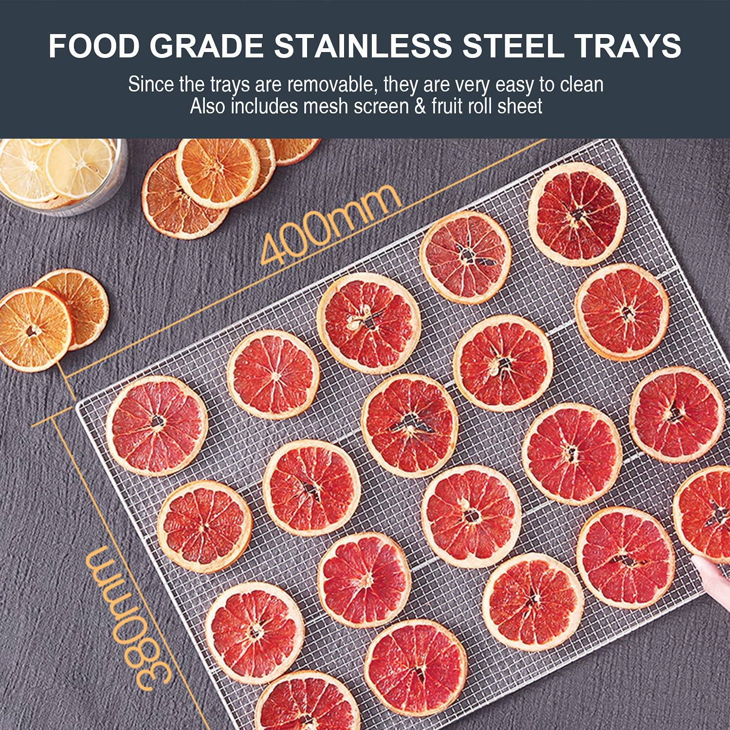 FOOD GRADE STAINLESS STEEL TRAYS

Since the trays are removable, they are very easy to clean. Also includes mesh screen & fruit roll sheet

400mm x 380mm