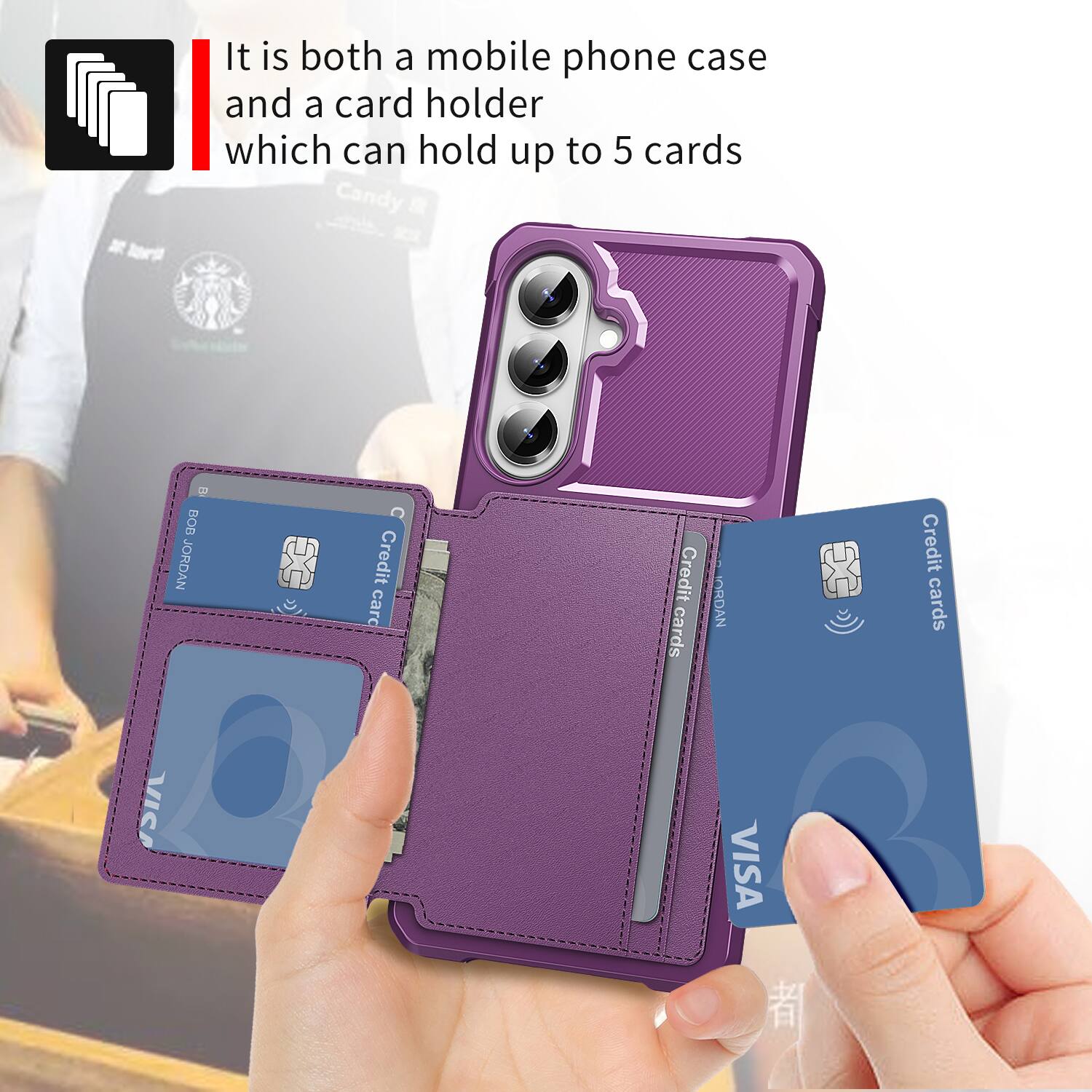 It is both a mobile phone case and a card holder which can hold up to 5 cards.