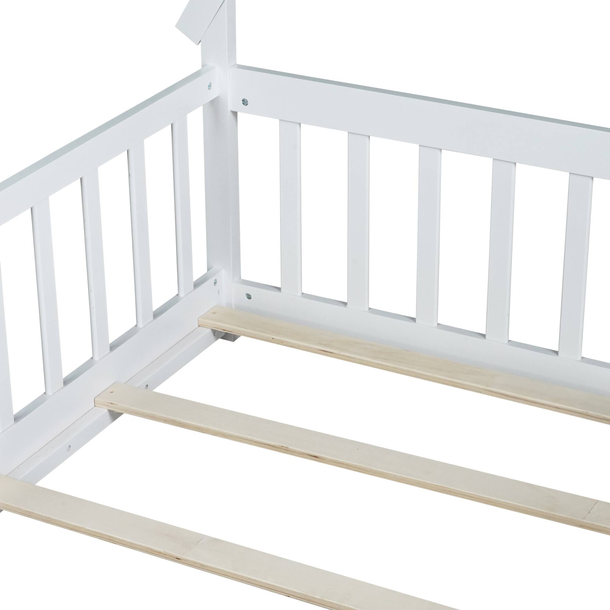 Alt View 2. GOODSILO - Twin-Size Tent-Shaped Low Profile Floor Bed with Safety Guardrails and Slatted Base - White.