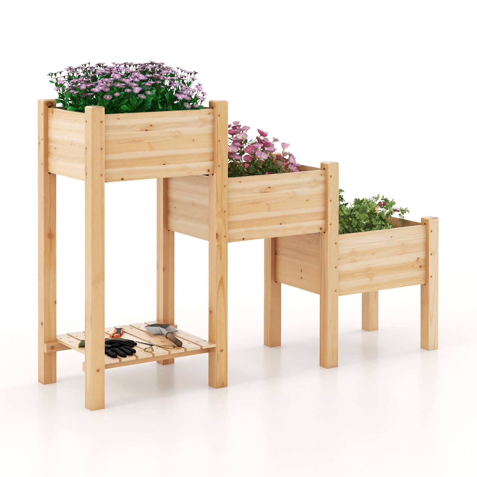 Ecooso - 3-Tier Wooden Raised Garden Bed with Open Storage Shelf
